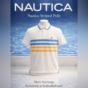 Nautica Striped Polo Shirt Men’s Large Blue Orange Cotton Classic Logo